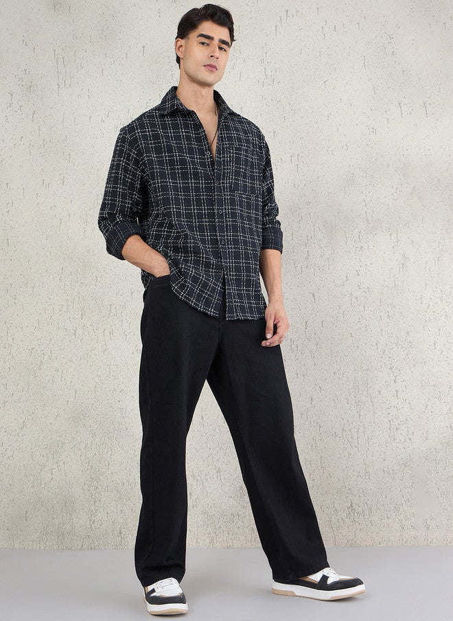 CHIMPAAANZEE Men Oversized Fit Checked Spread Collar Casual Shacket - Image 2